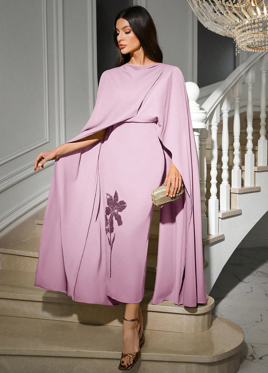 Лиловое вечернее платье силуэтная, платье-кейп SHEIN однотонное