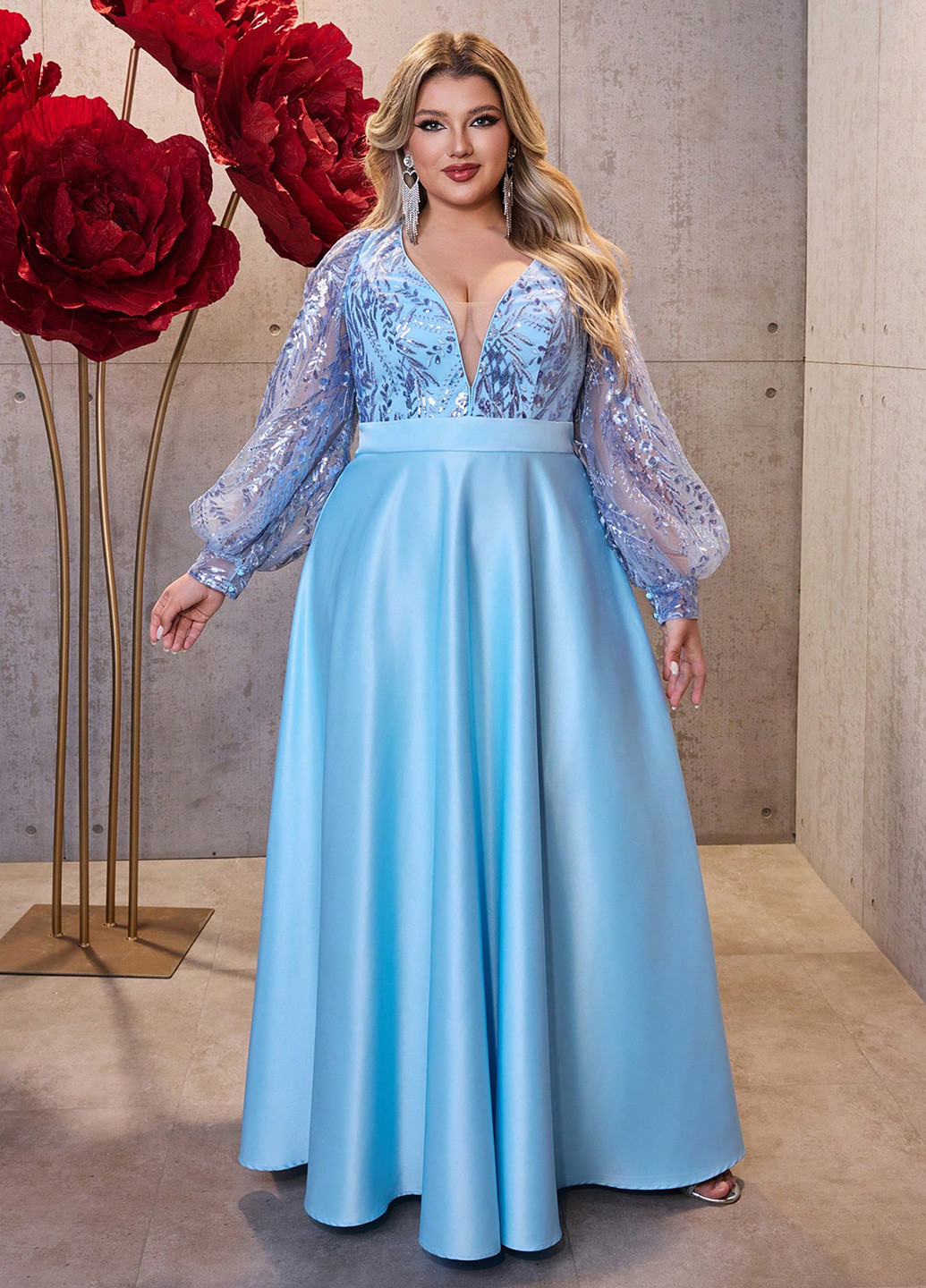 Блакитна святковий, вечірня сукня кльош, а-силует SHEIN однотонна