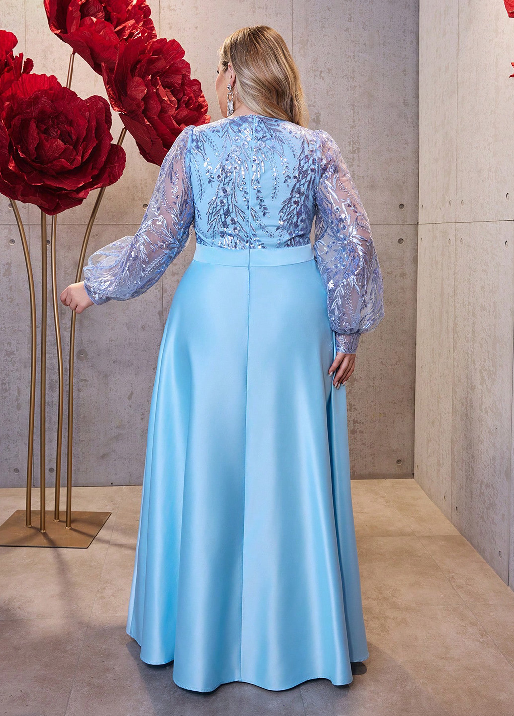 Блакитна святковий, вечірня сукня кльош, а-силует SHEIN однотонна