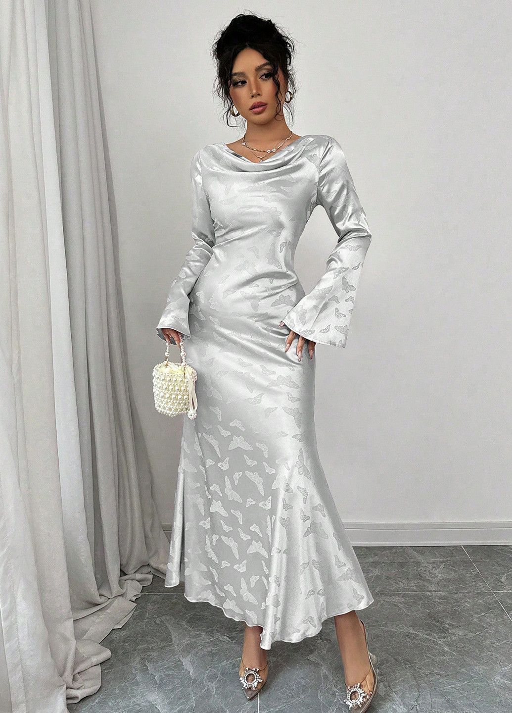 Сріблястий вечірня, кежуал сукня годе SHEIN метелики