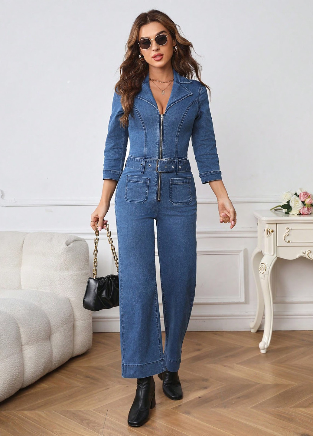 Комбинезон SHEIN комбинезон-брюки однотонный синий денил хлопок, джинс