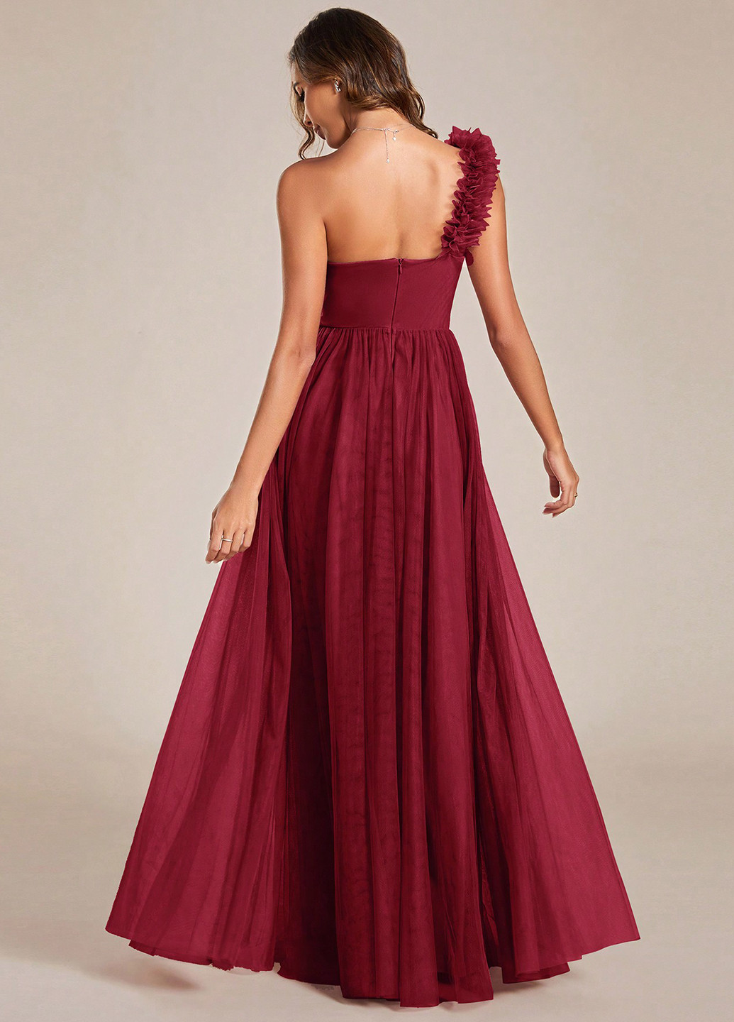 Бордовое праздничный, вечернее платье клеш, на одно плечо SHEIN однотонное