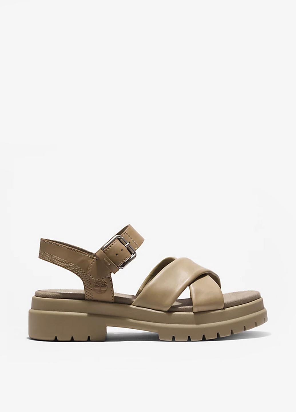 Бежевые босоножки Timberland с ремешком на тракторной подошве, с тиснением, с логотипом