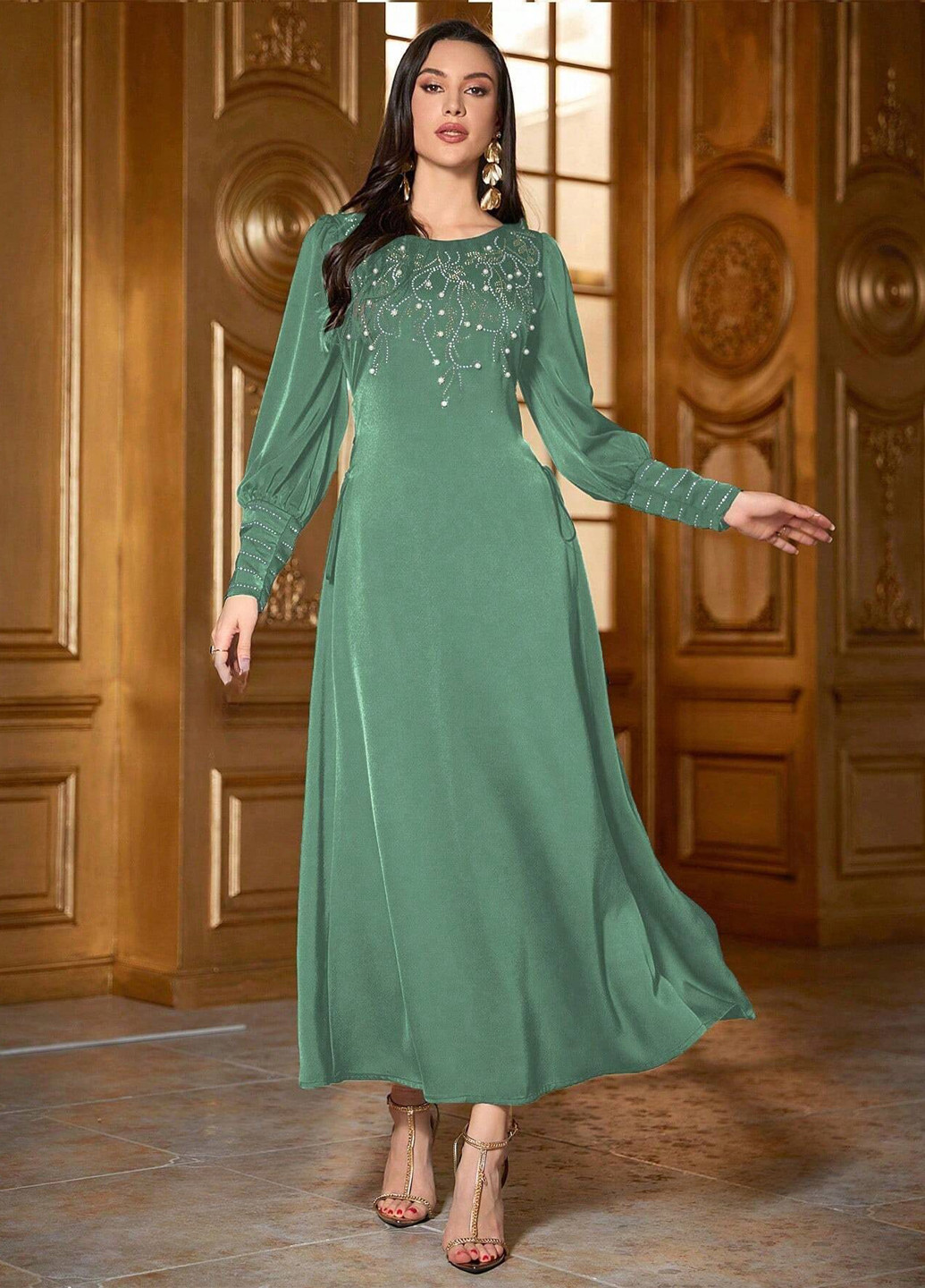 Серо-зеленое вечернее платье а-силуэт SHEIN однотонное