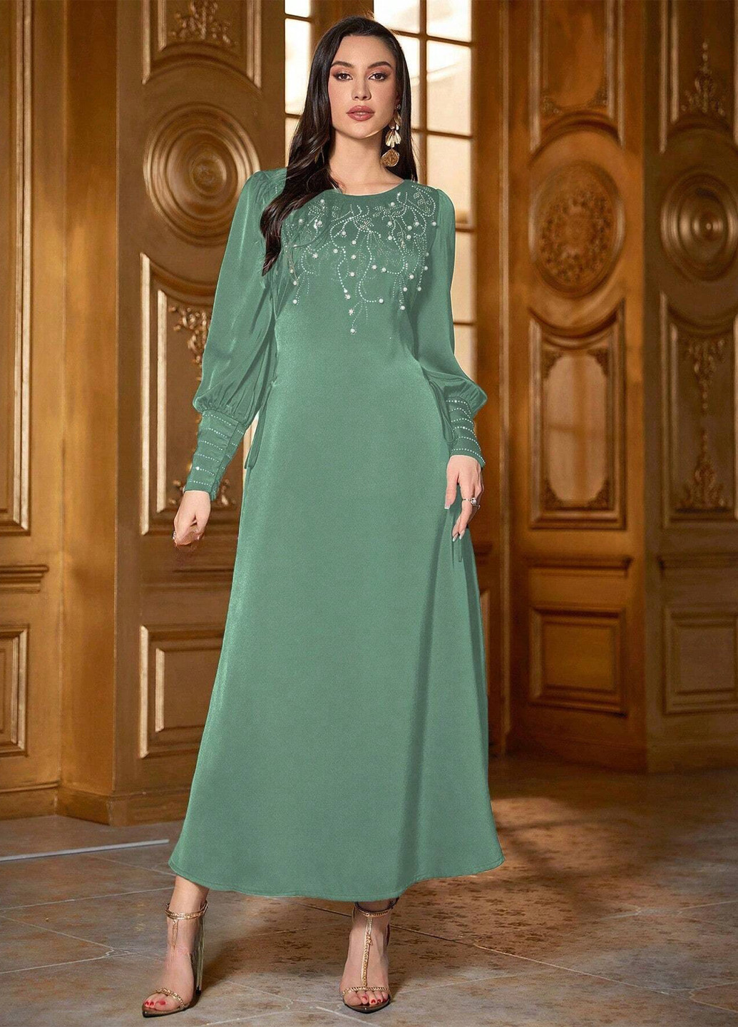 Серо-зеленое вечернее платье а-силуэт SHEIN однотонное