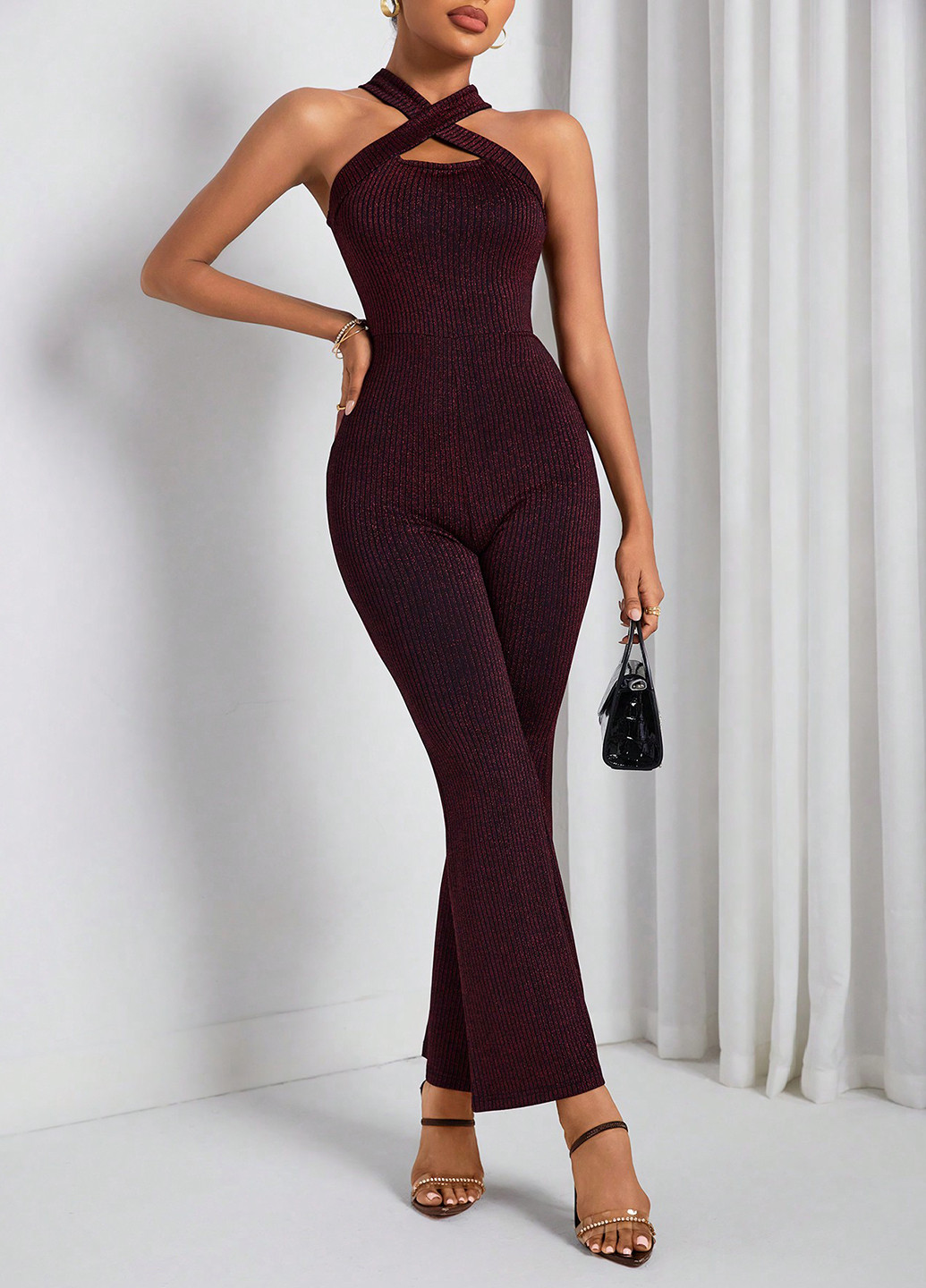 Комбинезон SHEIN комбинезон-брюки однотонный бордовый кэжуал, вечерний полиамид
