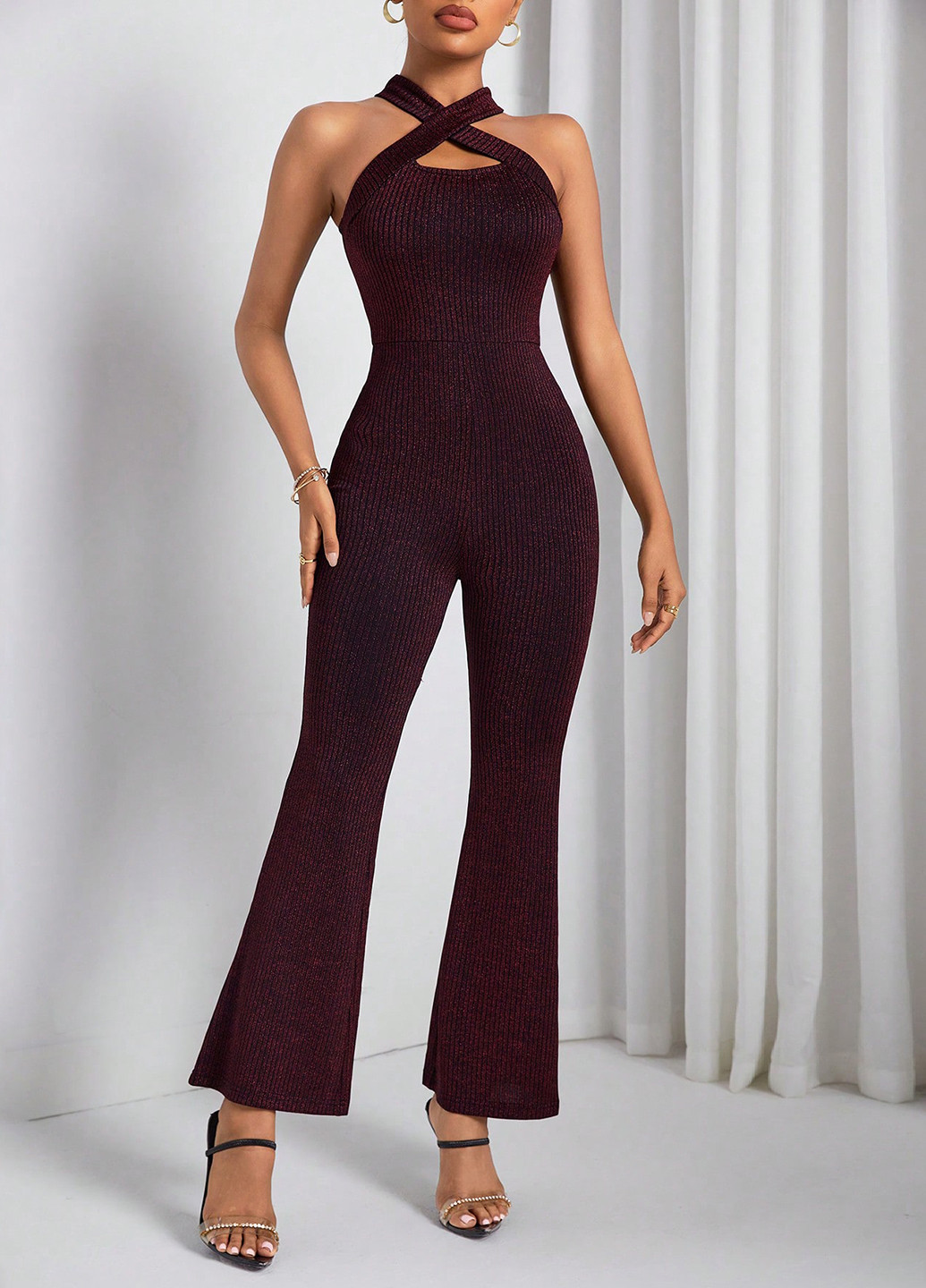 Комбинезон SHEIN комбинезон-брюки однотонный бордовый кэжуал, вечерний полиамид