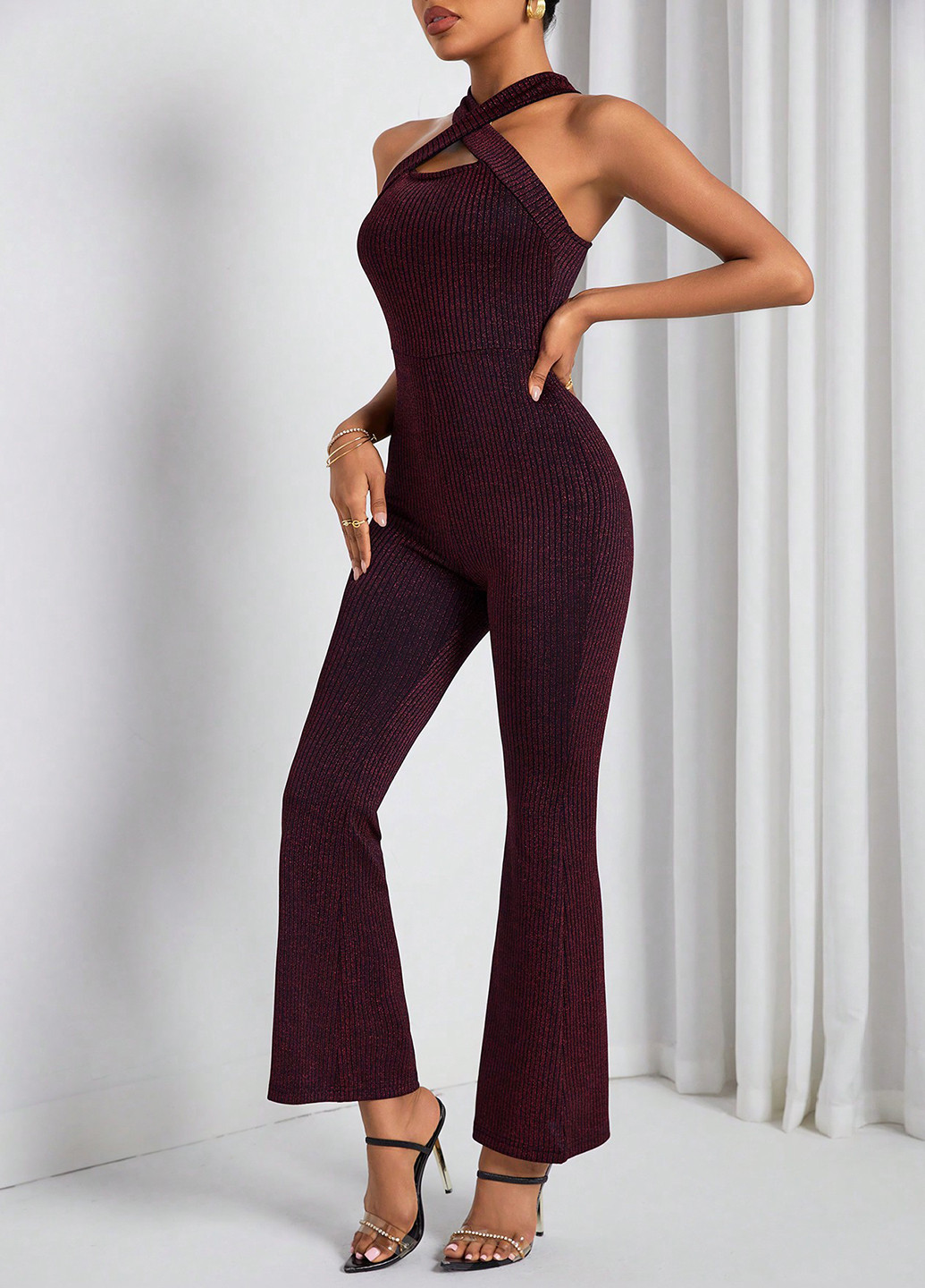 Комбинезон SHEIN комбинезон-брюки однотонный бордовый кэжуал, вечерний полиамид