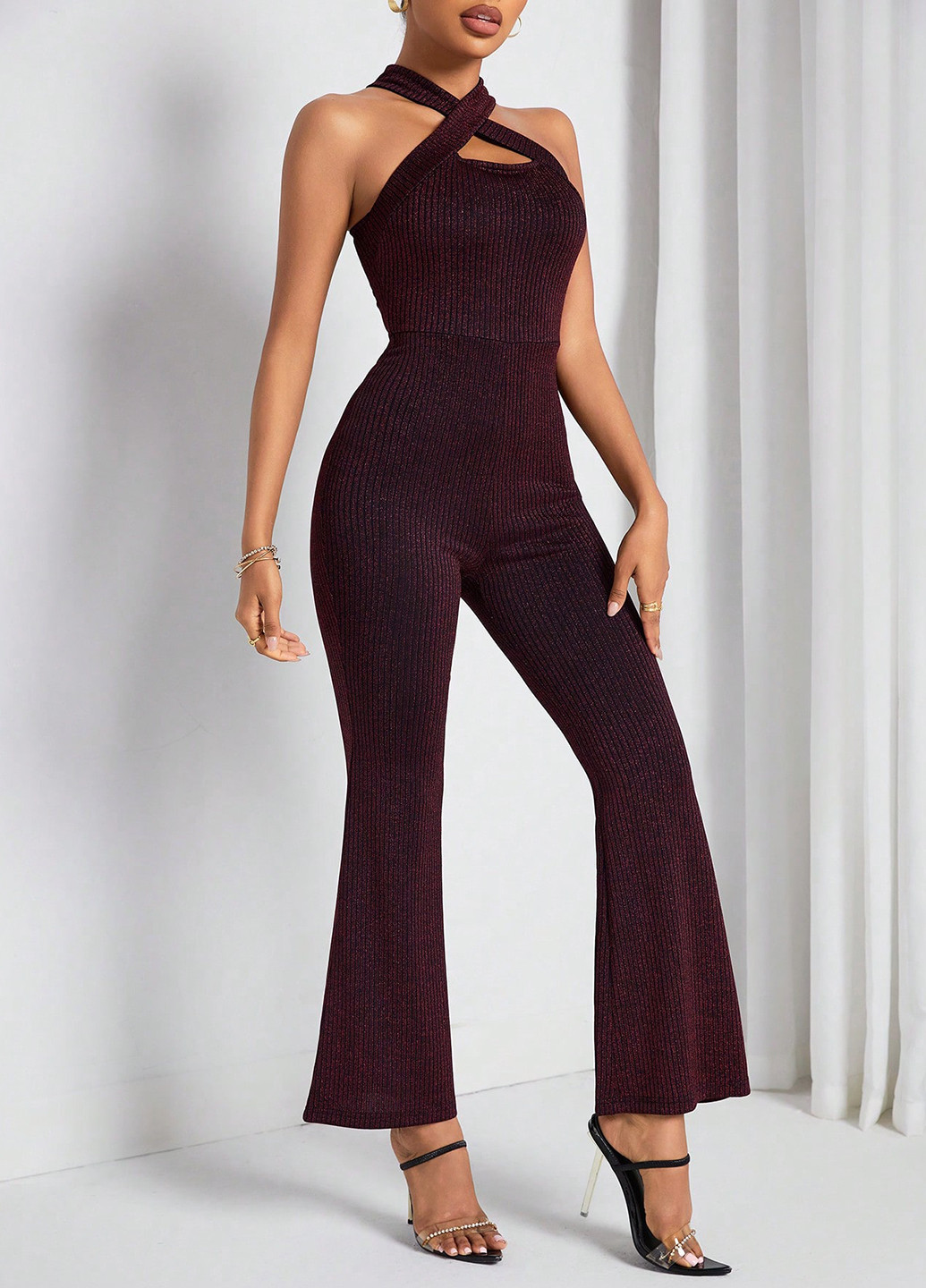 Комбинезон SHEIN комбинезон-брюки однотонный бордовый кэжуал, вечерний полиамид