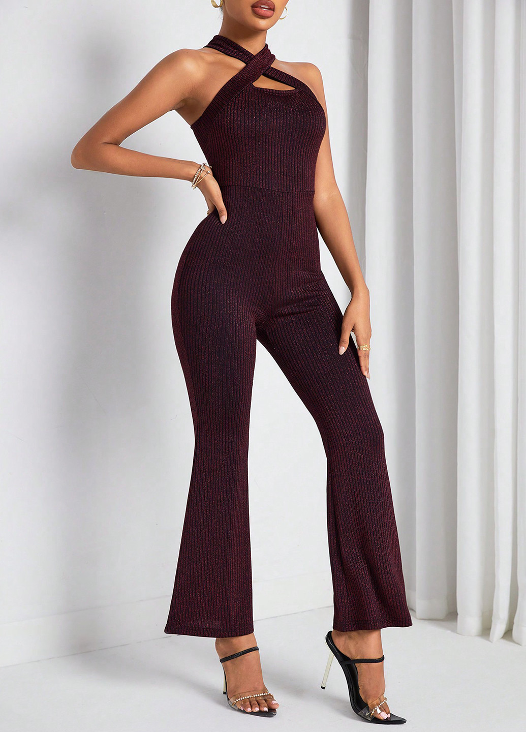 Комбинезон SHEIN комбинезон-брюки однотонный бордовый кэжуал, вечерний полиамид