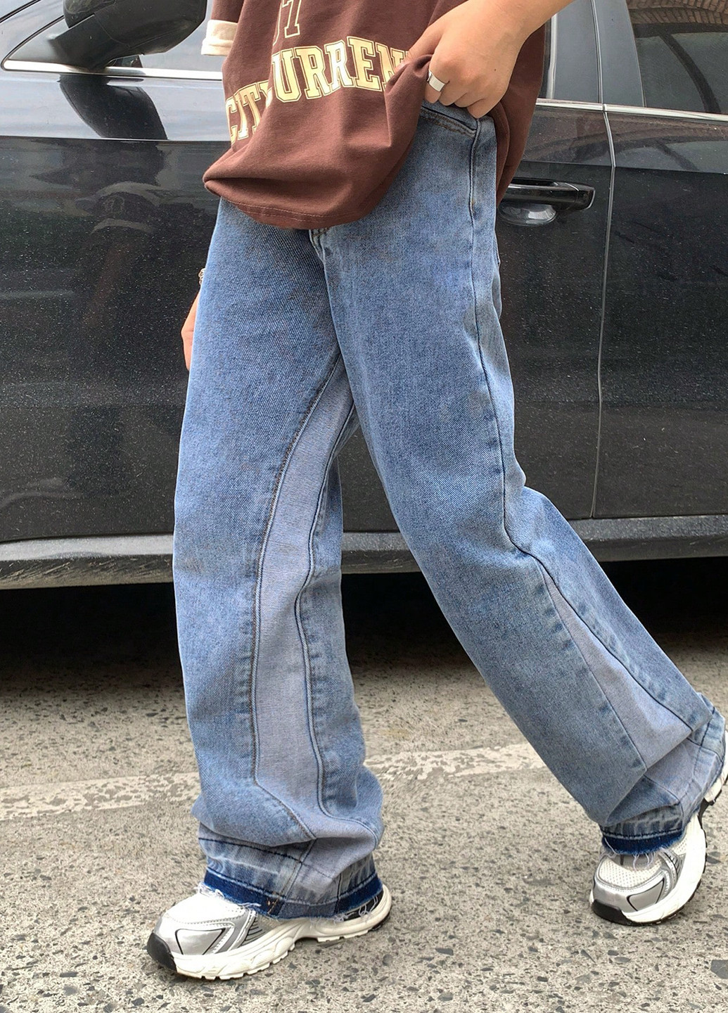 Серо-голубые демисезонные прямые джинсы SHEIN