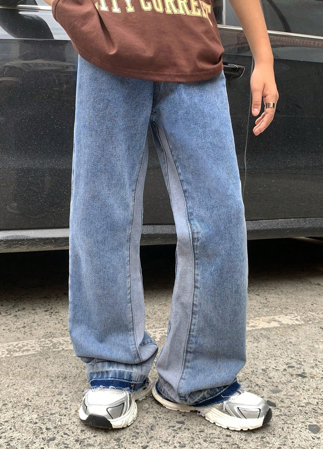 Серо-голубые демисезонные прямые джинсы SHEIN