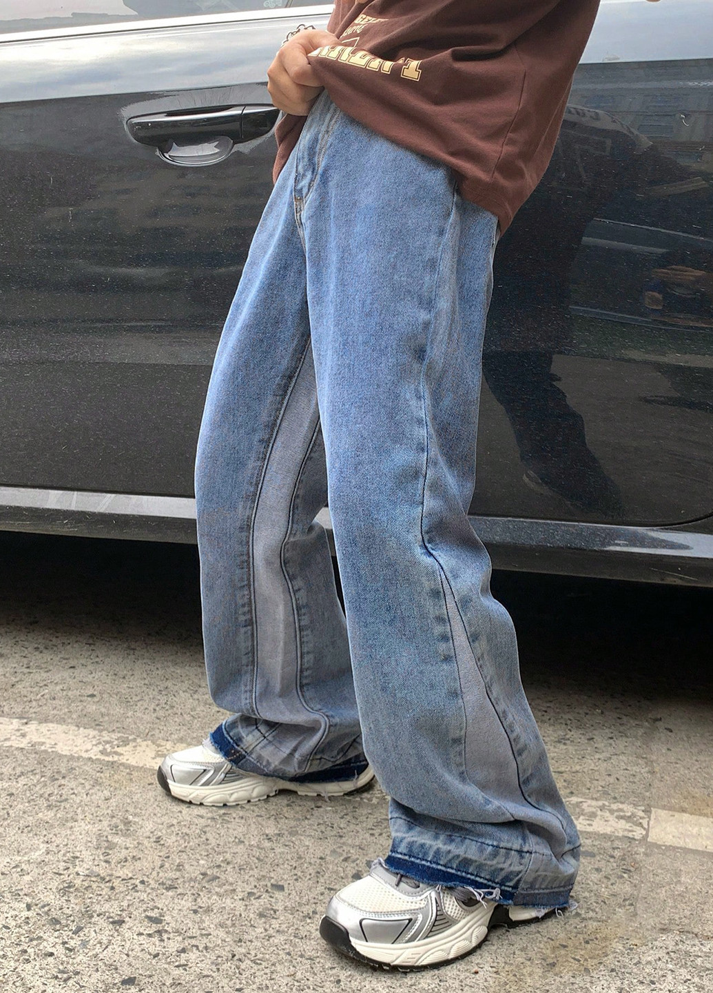 Серо-голубые демисезонные прямые джинсы SHEIN