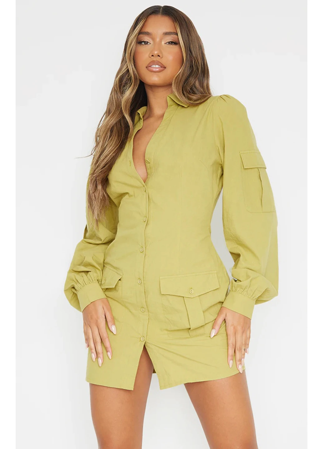 Оливковое кэжуал платье рубашка PrettyLittleThing однотонное