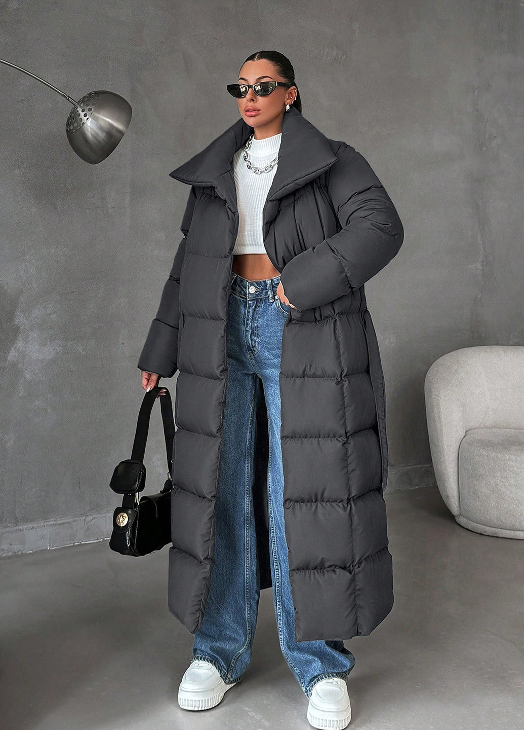 Темно-серое зимнее Пальто SHEIN