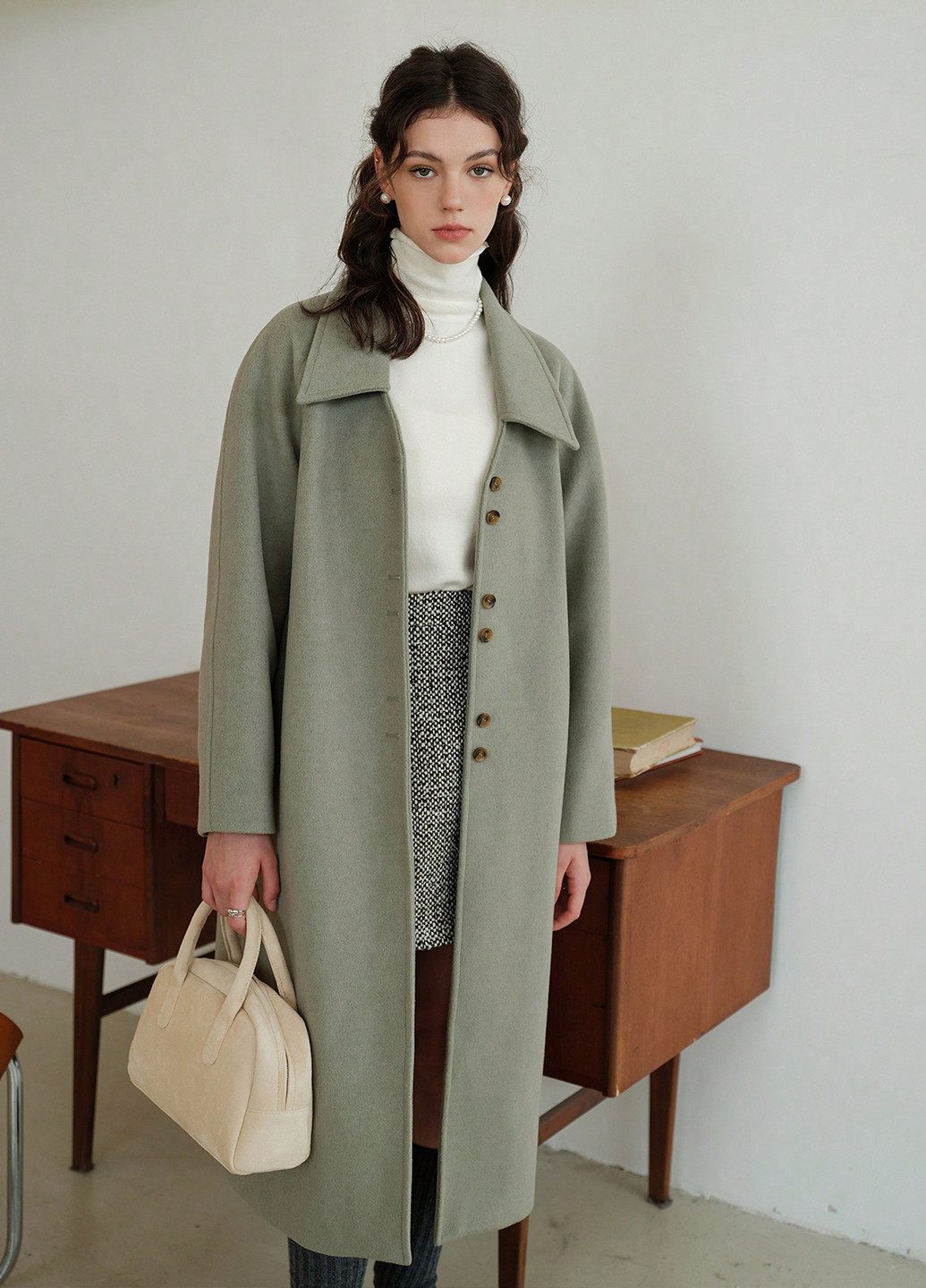 Серо-зеленое демисезонное Пальто однобортное SHEIN