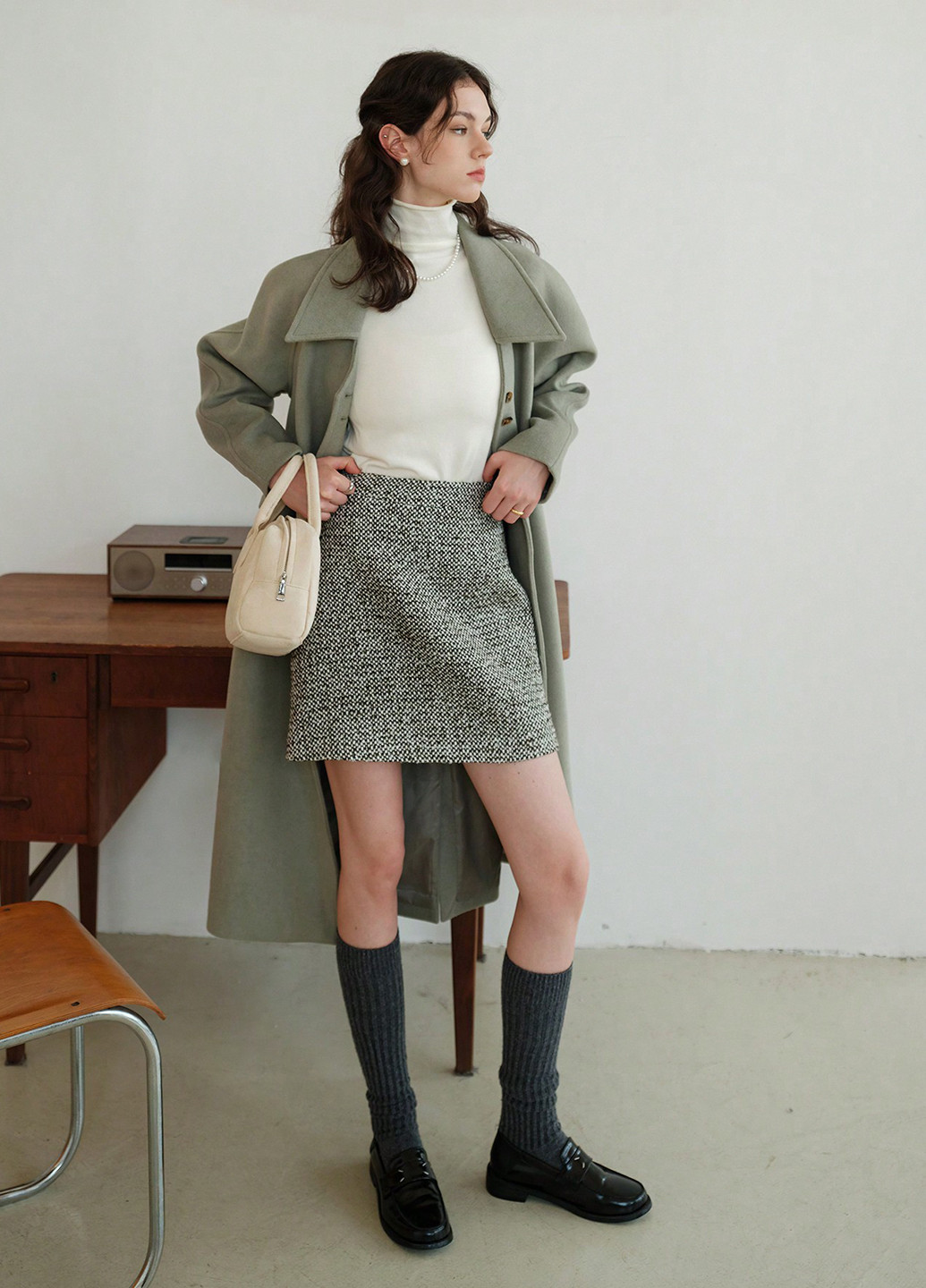 Серо-зеленое демисезонное Пальто однобортное SHEIN