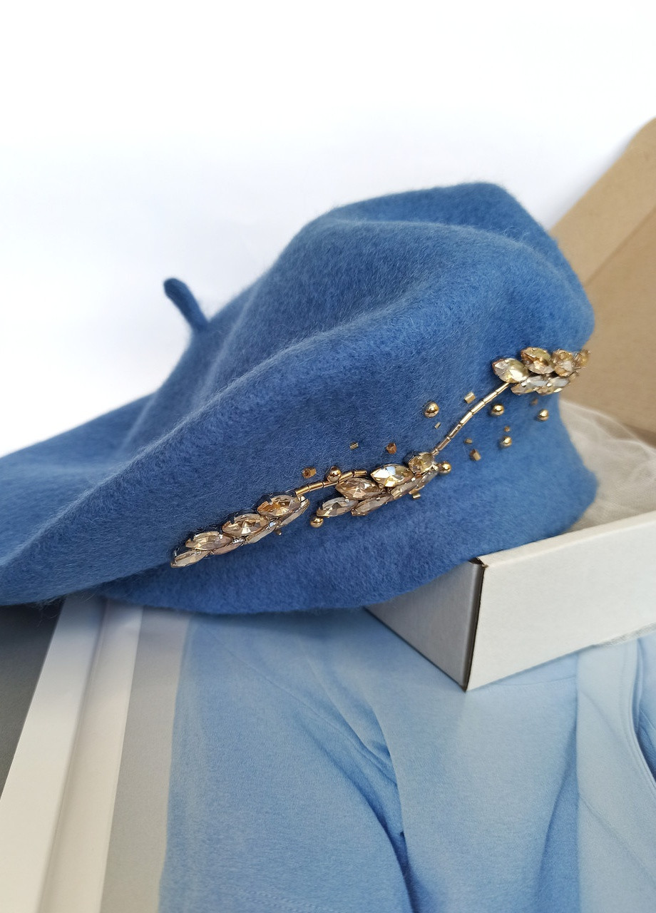 Берет зі 100% вовни, вишивка ручної роботи, берет осінь-зима синього кольору Ksenija Vitali (255614465)