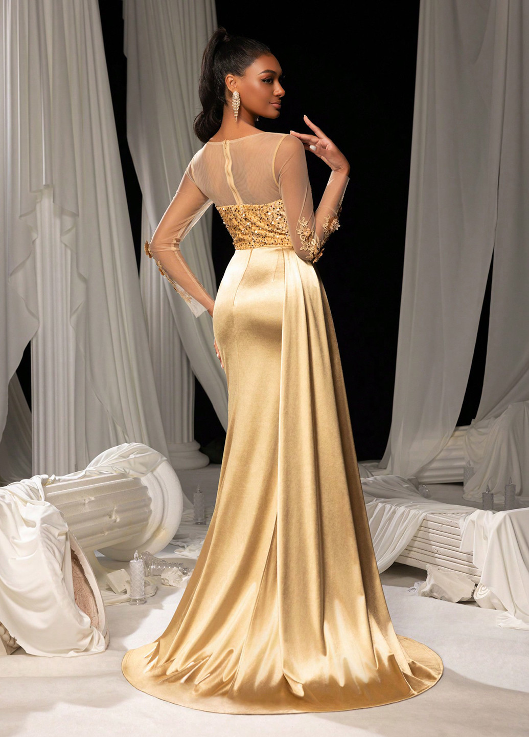 Золотистое вечернее платье годе, со шлейфом, с корсетом SHEIN однотонное