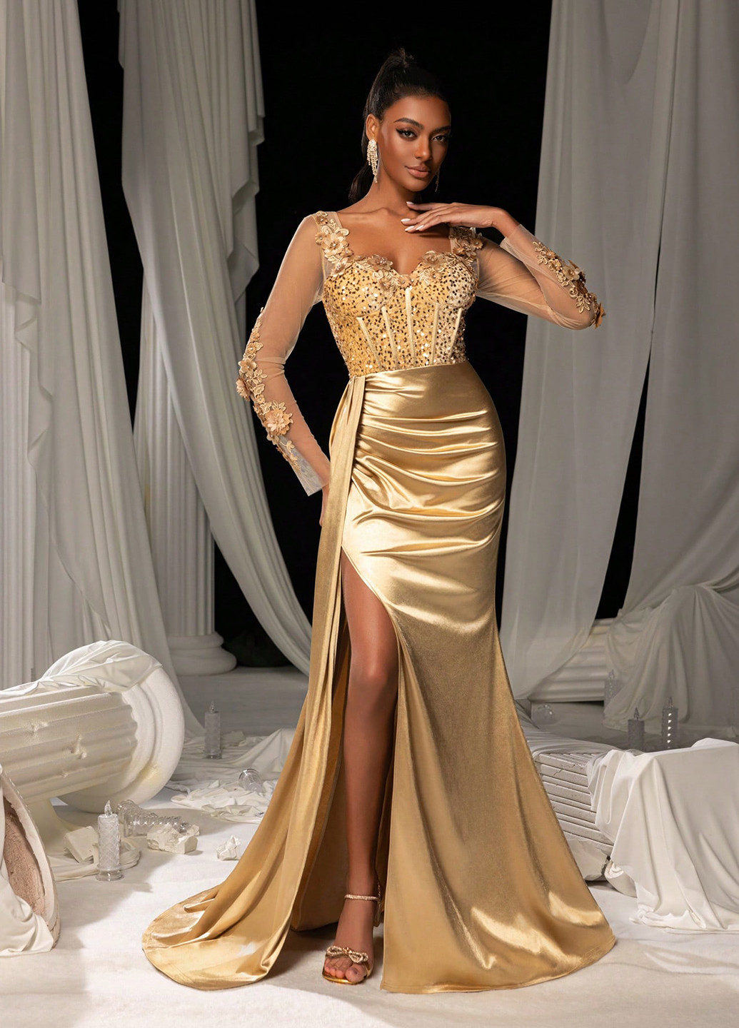 Золотистое вечернее платье годе, со шлейфом, с корсетом SHEIN однотонное