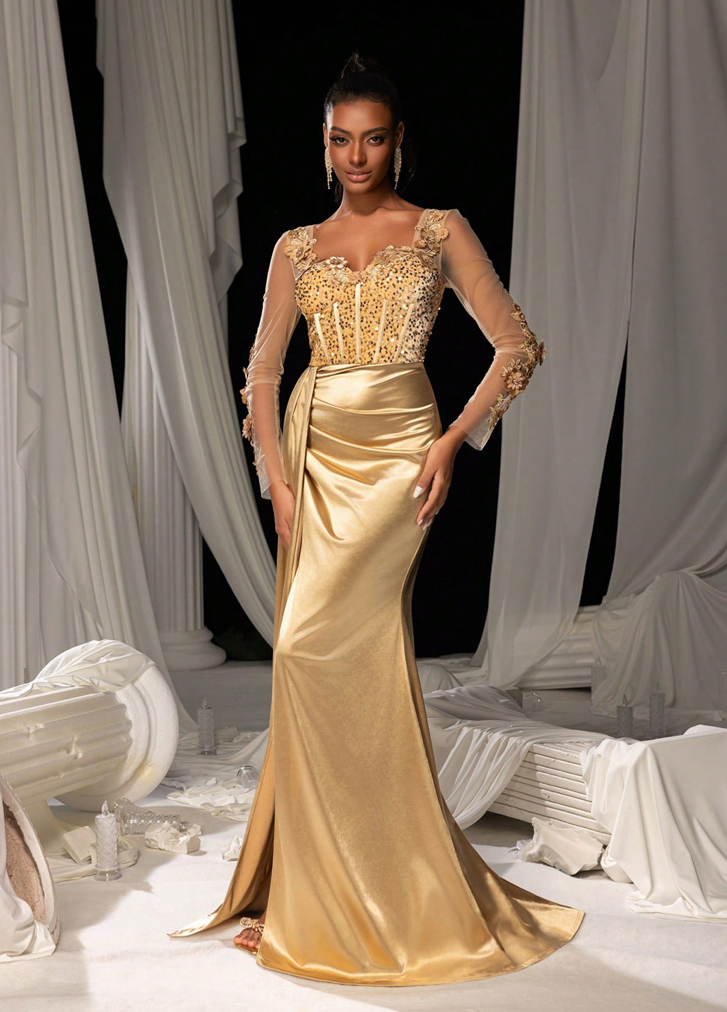 Золотистое вечернее платье годе, со шлейфом, с корсетом SHEIN однотонное