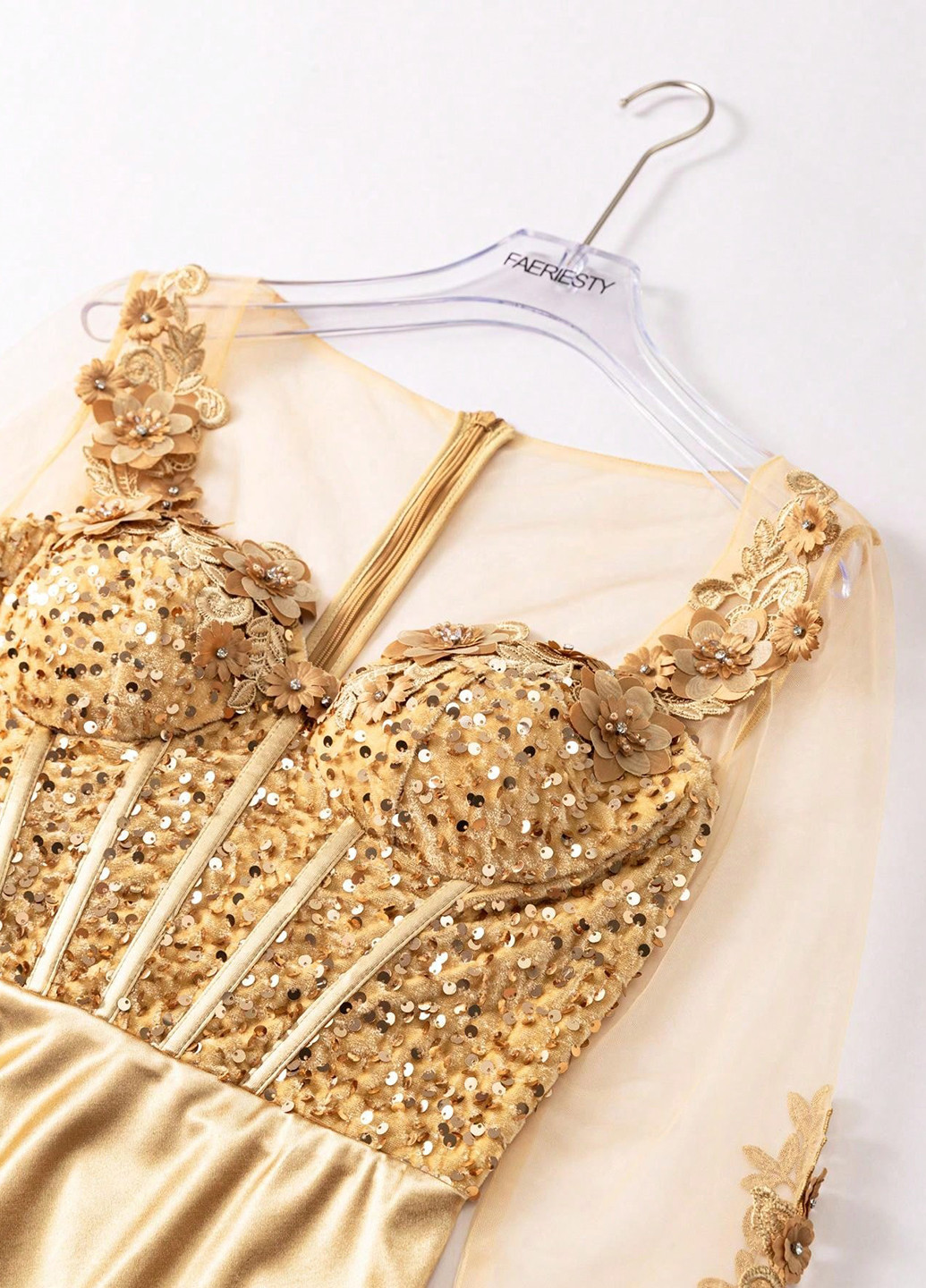 Золотистое вечернее платье годе, со шлейфом, с корсетом SHEIN однотонное