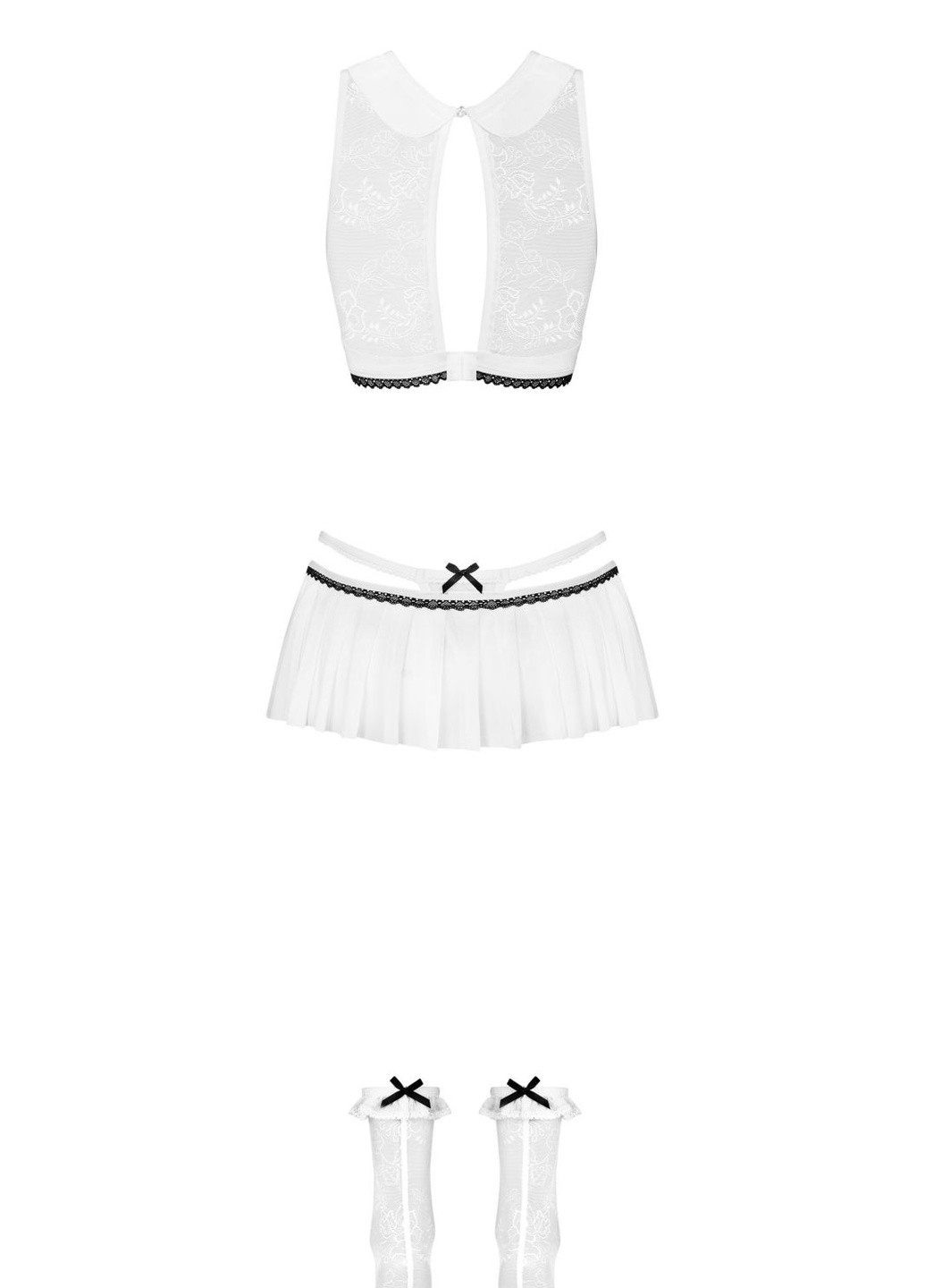 Белый демисезонный эротический игровой костюм (топ, стринги с рюшами юбочкой, носочки) Obsessive