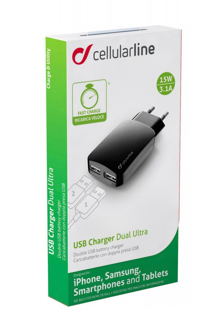 Зарядное устройство 2*USB 3,1A (ACHUSBMOBILEDUAL3A) Cellularline (216637966)