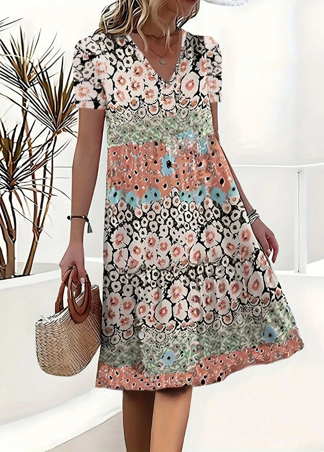 Белое кэжуал платье а-силуэт SHEIN с цветочным принтом