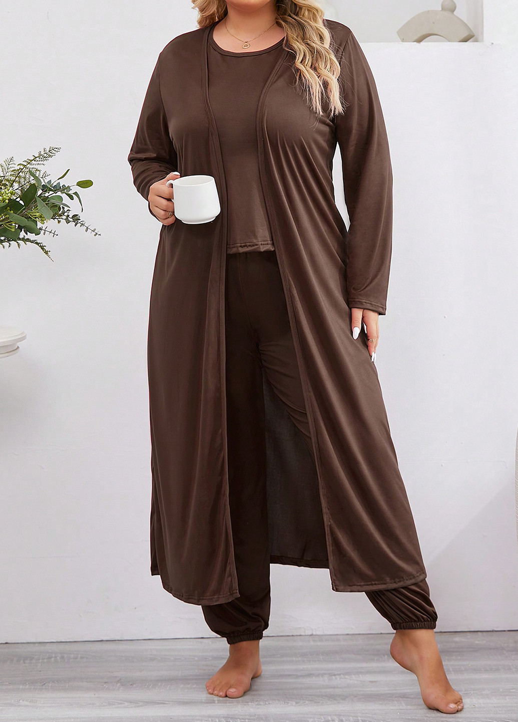 Коричневый демисезонный комплект (халат, топ, брюки) SHEIN