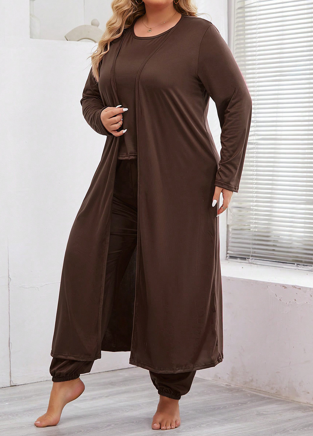 Коричневый демисезонный комплект (халат, топ, брюки) SHEIN