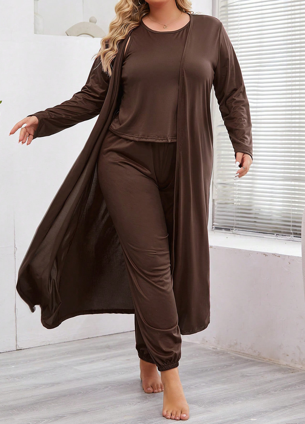 Коричневый демисезонный комплект (халат, топ, брюки) SHEIN