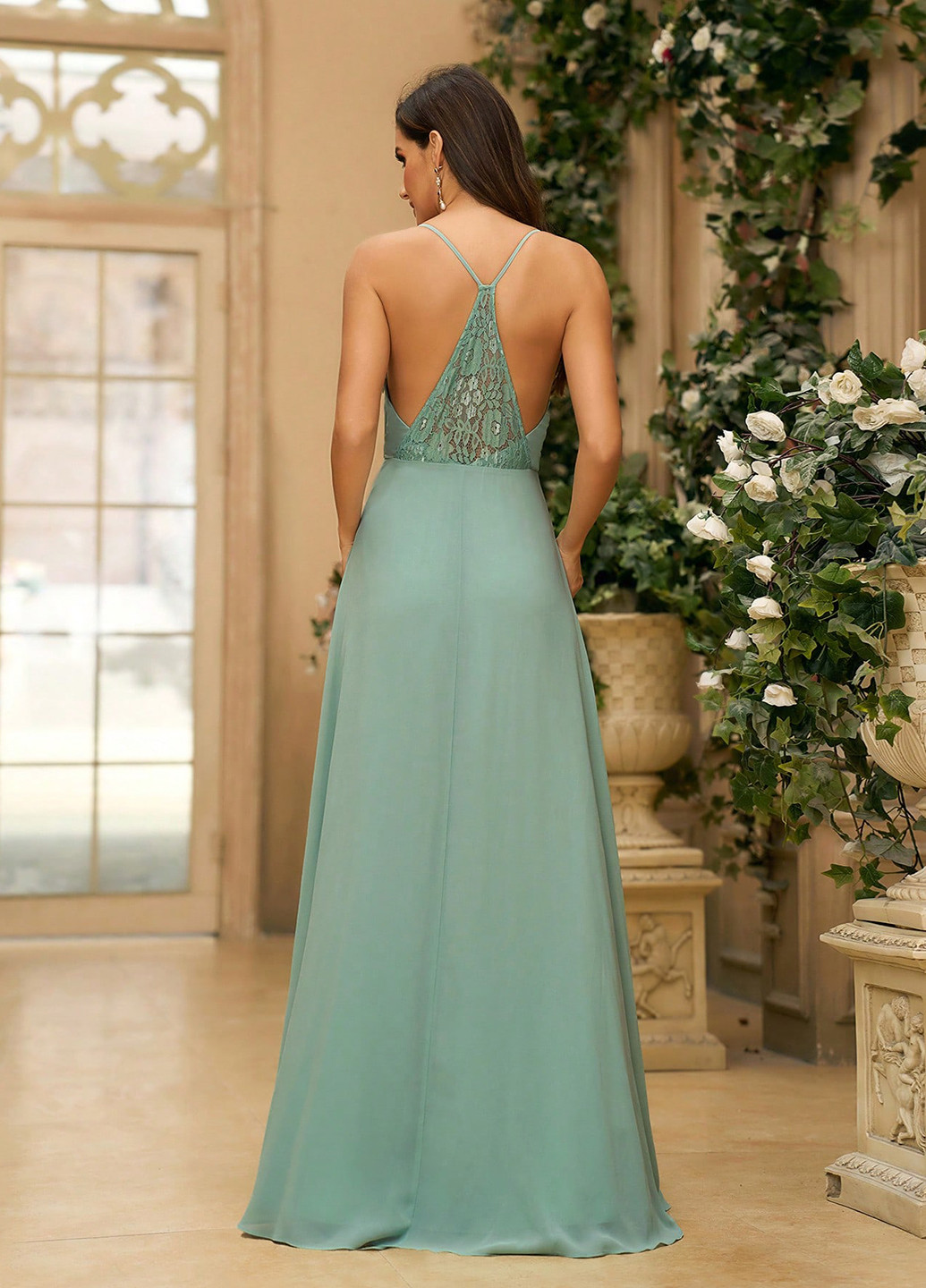 Серо-зеленое вечернее, праздничный платье на запах, клеш, с открытыми плечами SHEIN однотонное