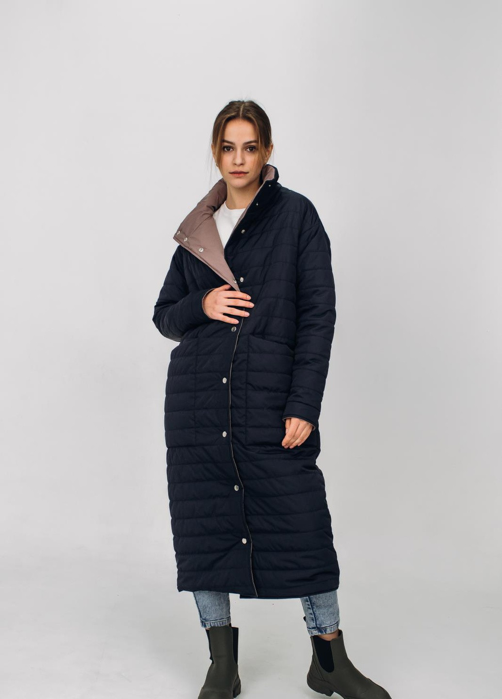 Синя зимня жіноча двостороння куртка Feel and Fly Bethany LONG Navy/Mocca