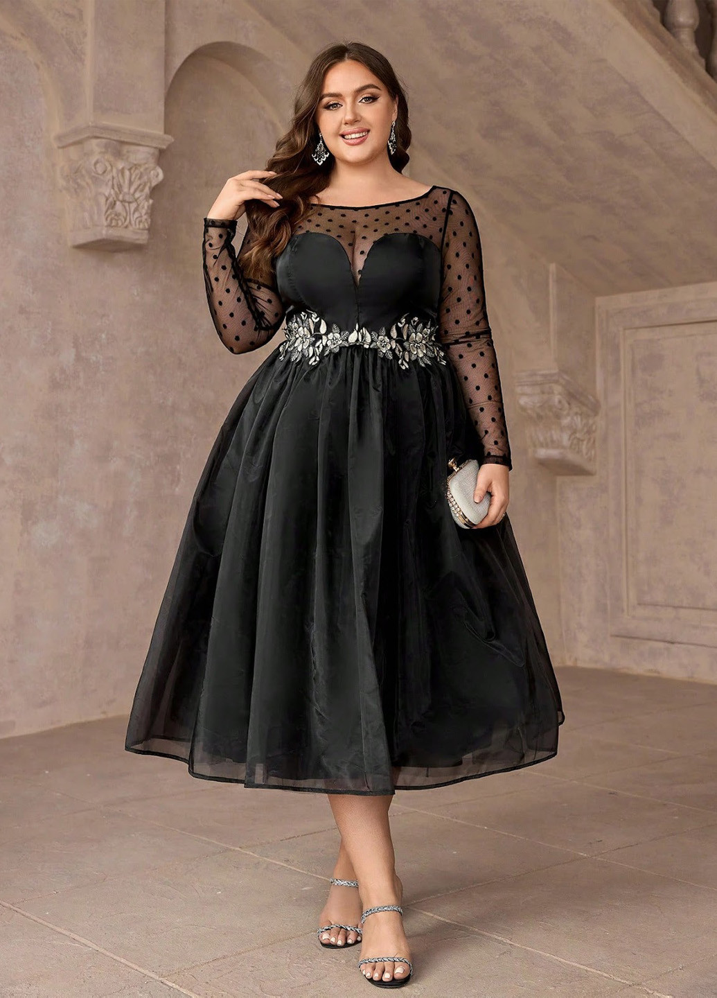 Чорна вечірня сукня з спідницею-сонце, з відкритою спиною SHEIN в горошок