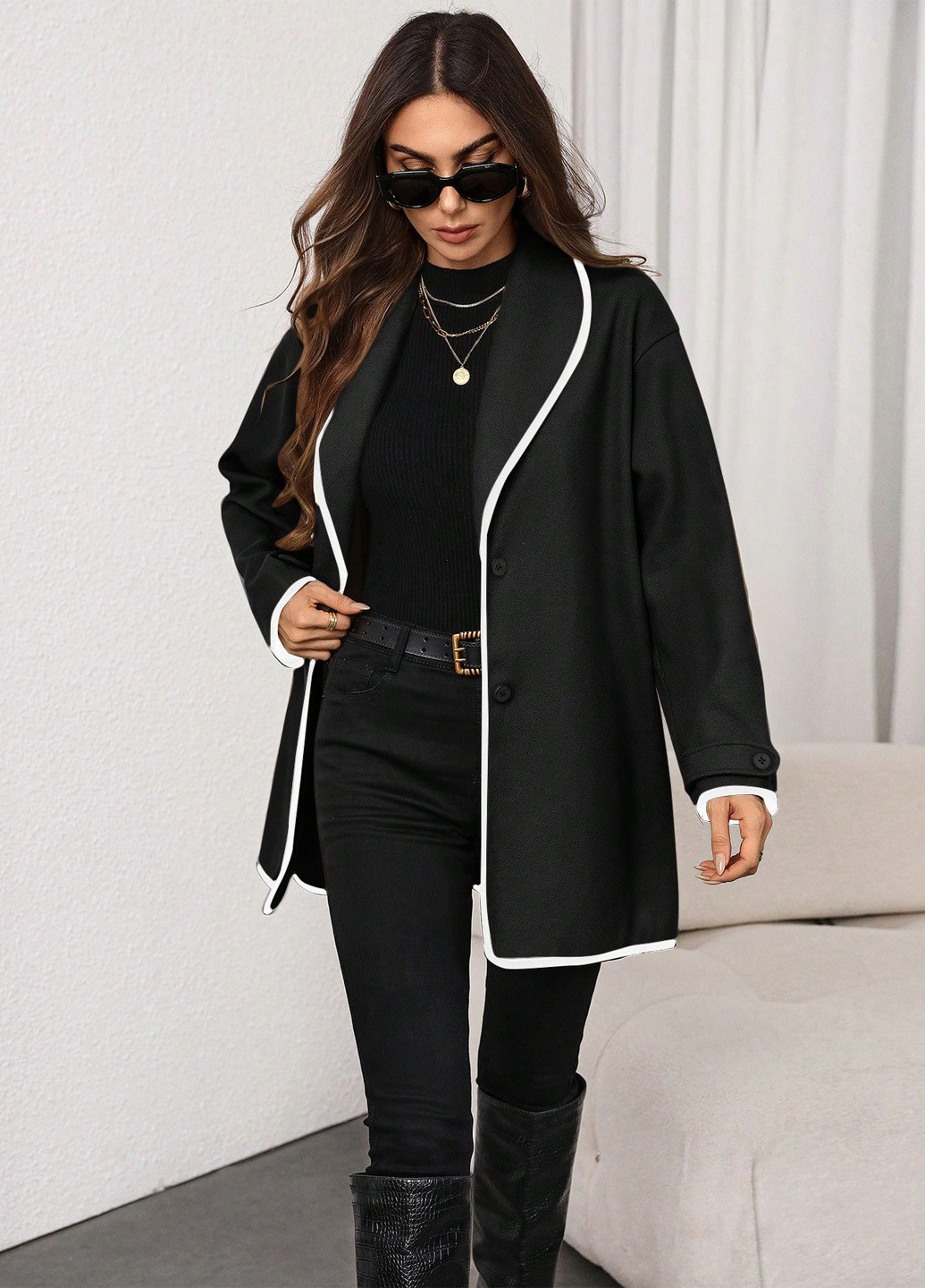 Черное Кэжуал полупальто однобортное SHEIN однотонное