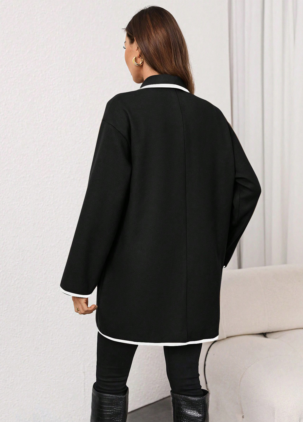 Черное Кэжуал полупальто однобортное SHEIN однотонное