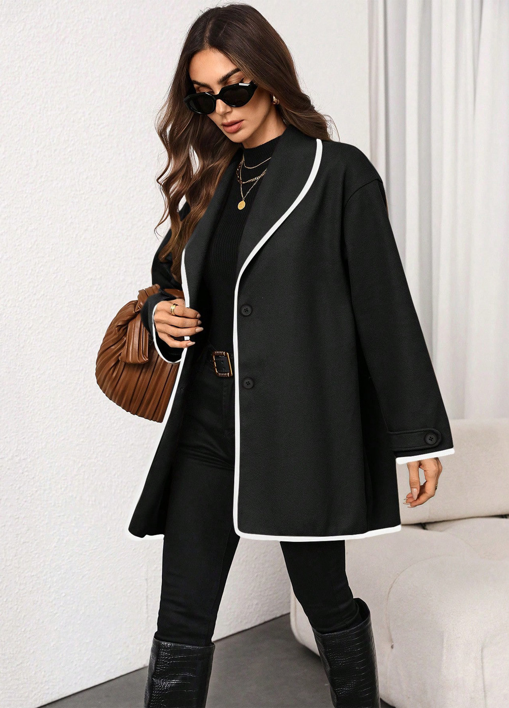 Черное Кэжуал полупальто однобортное SHEIN однотонное