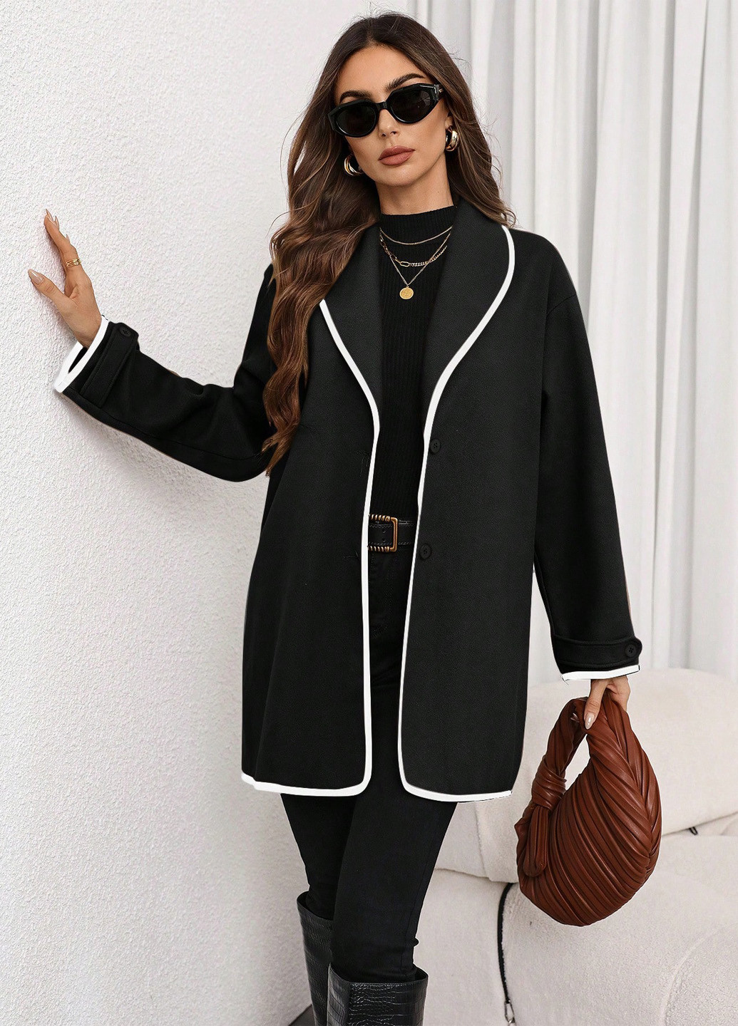 Черное Кэжуал полупальто однобортное SHEIN однотонное