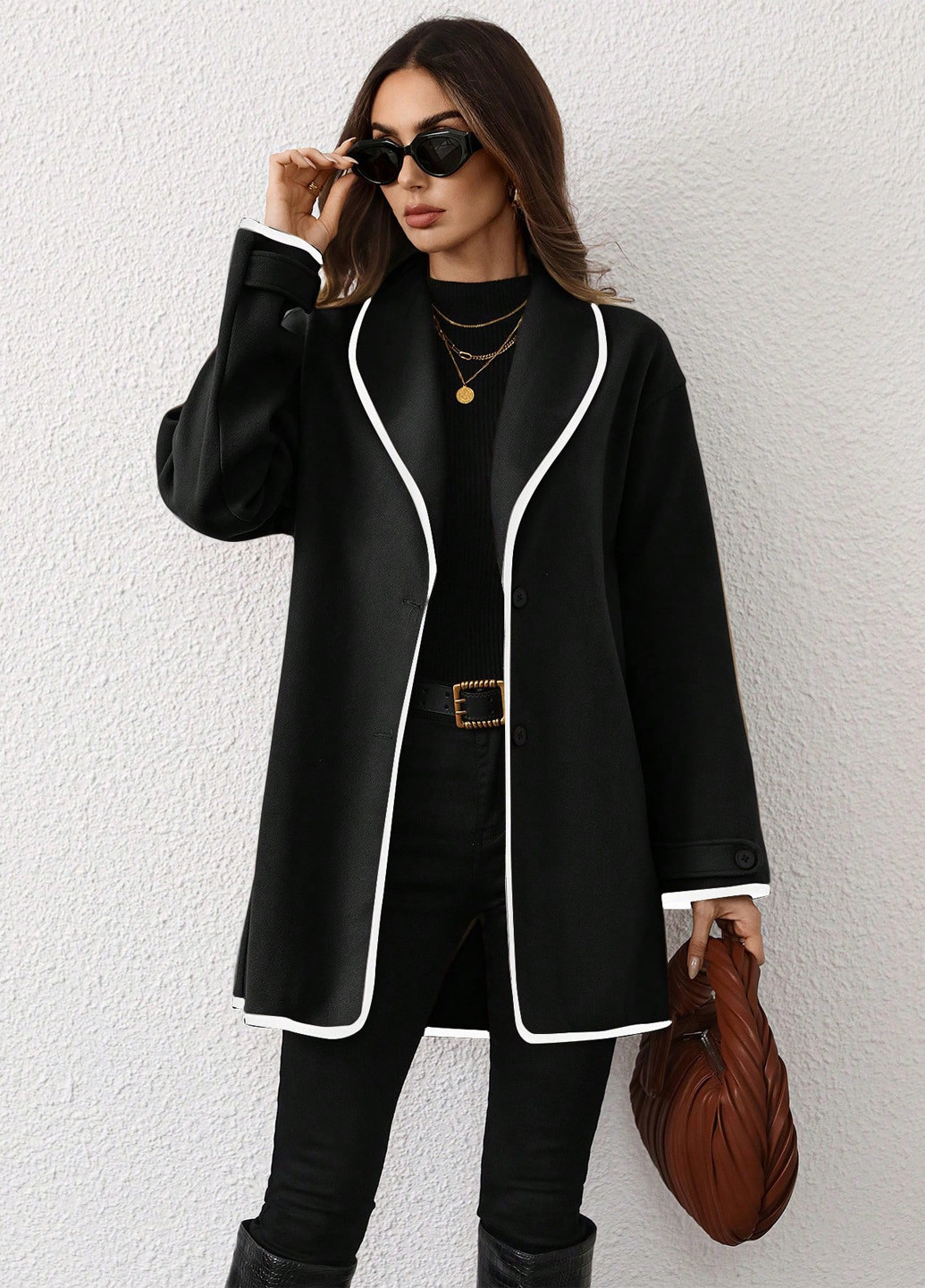 Черное Кэжуал полупальто однобортное SHEIN однотонное