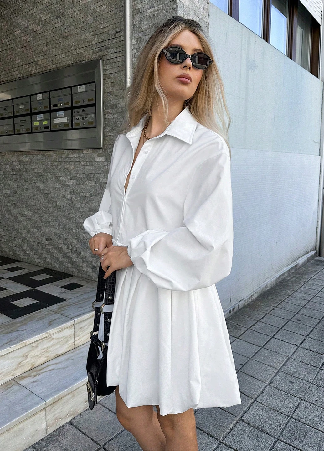 Белое кэжуал платье баллон, рубашка SHEIN однотонное