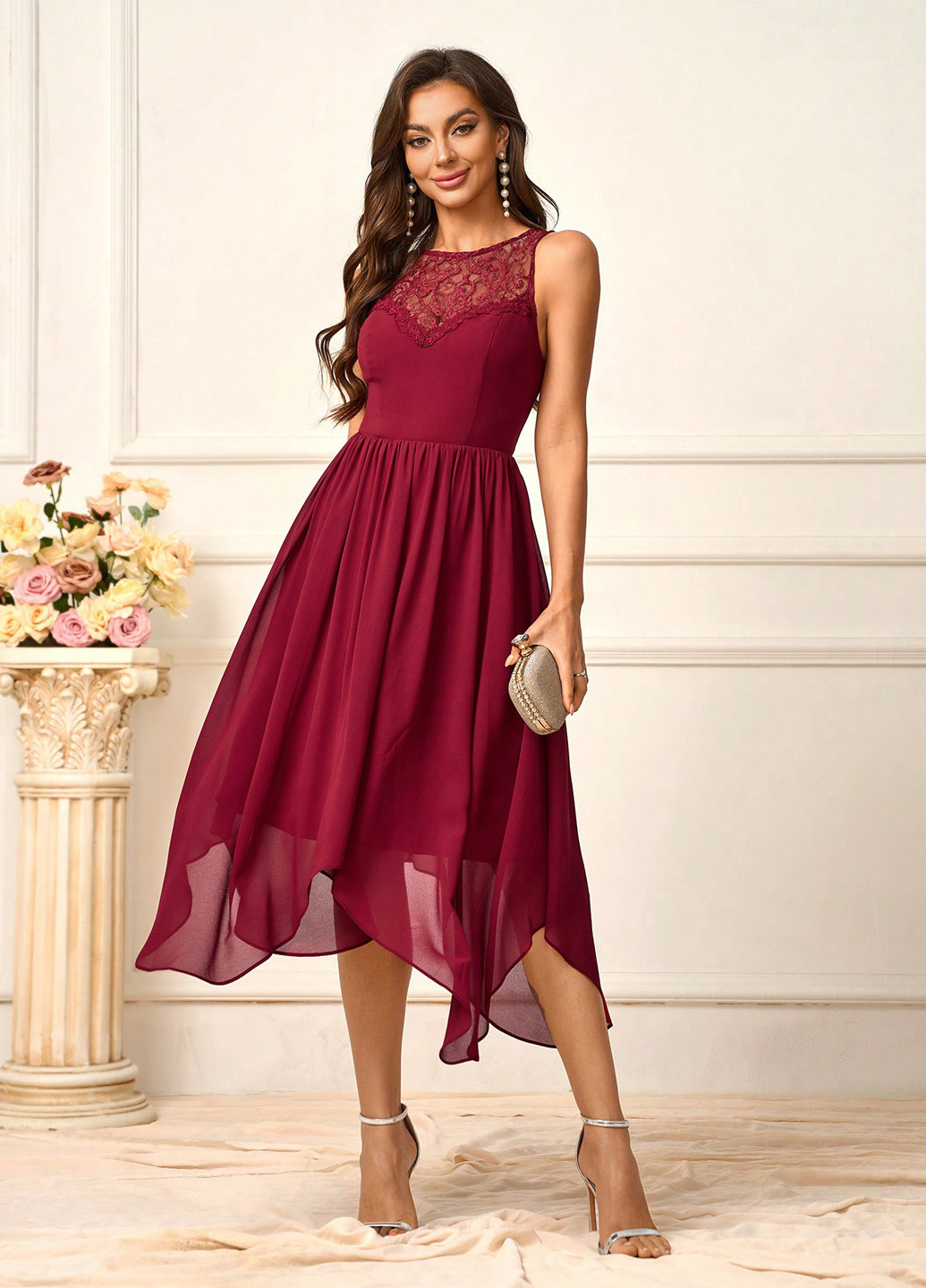 Бордовое кэжуал платье SHEIN однотонное