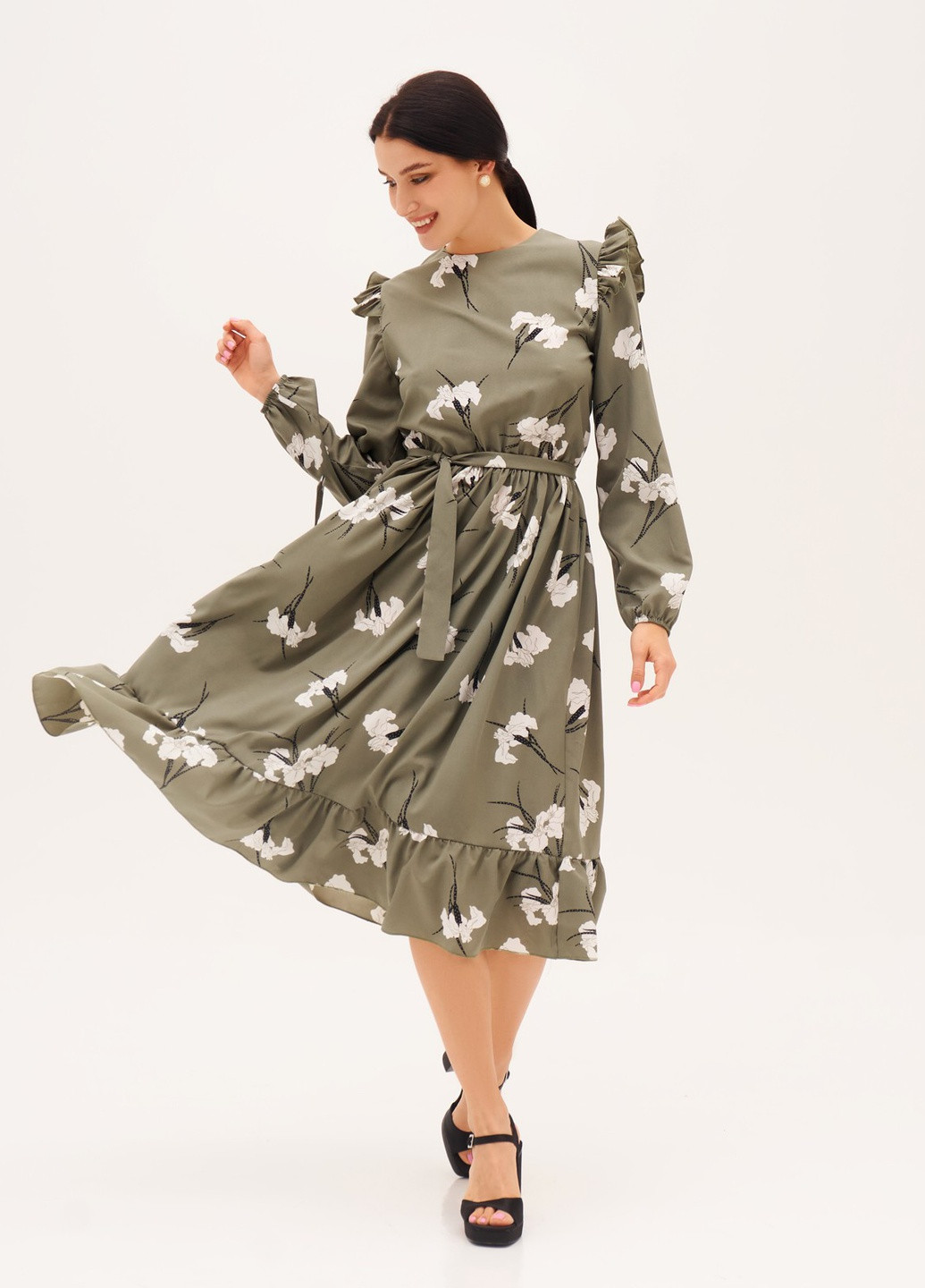 Оливковое (хаки) повседневный платье клеш ISSA PLUS с цветочным принтом