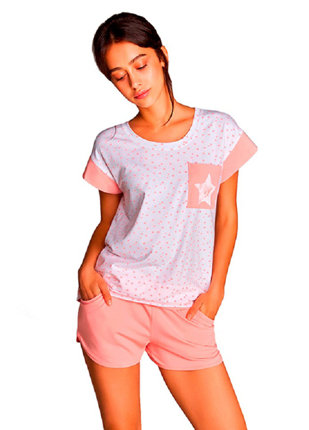 Персиковий демісезонний комплект (футболка, шорти) Ellen