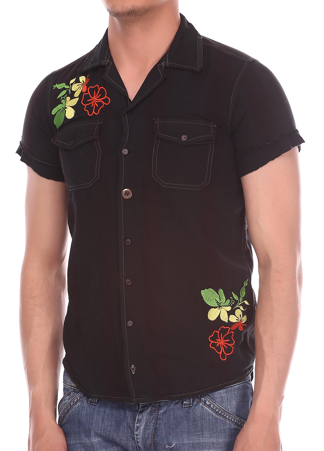 Черная кэжуал рубашка с цветами Singly с коротким рукавом