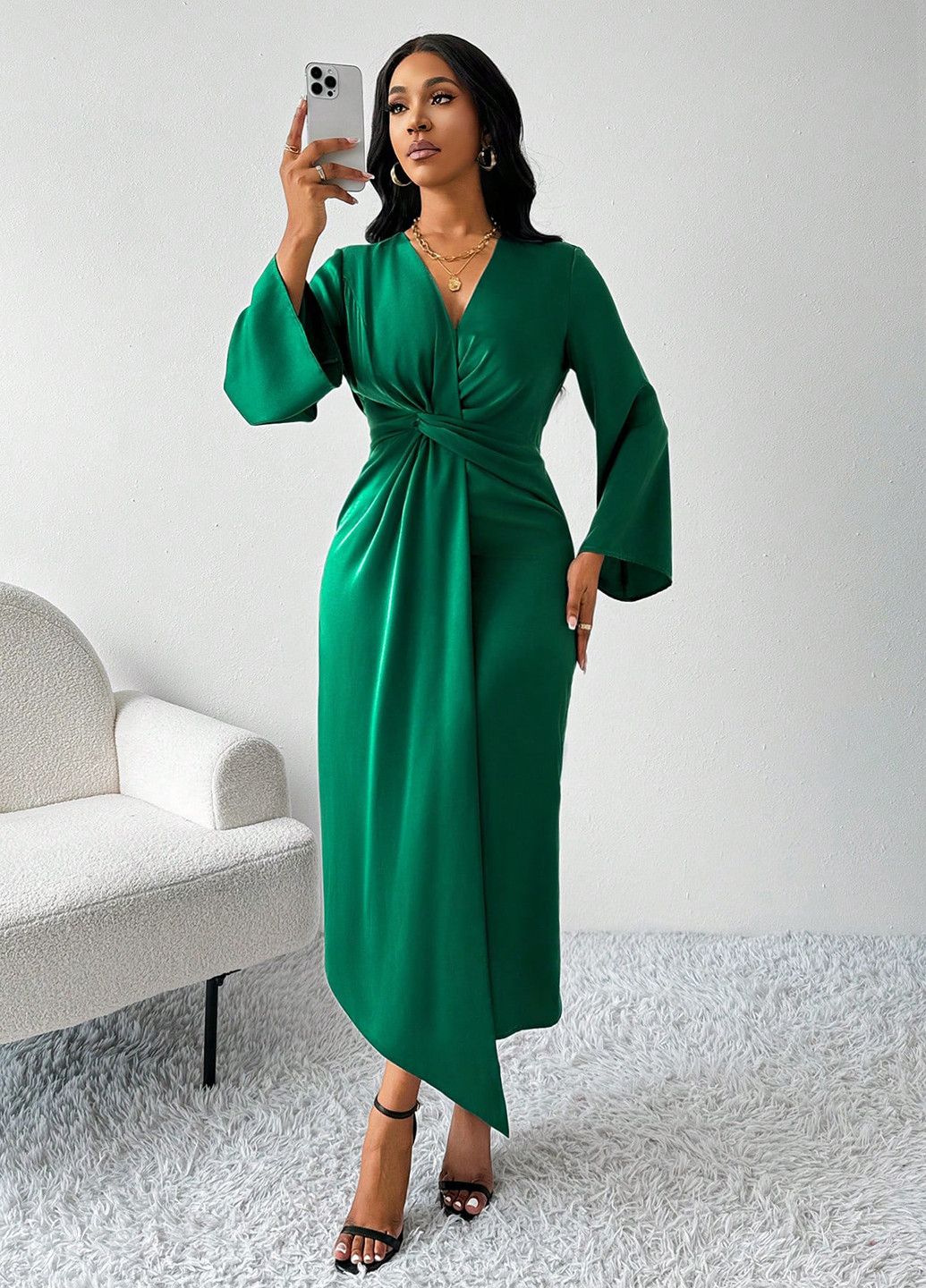 Зелена святковий, вечірня, кежуал сукня на запах SHEIN однотонна