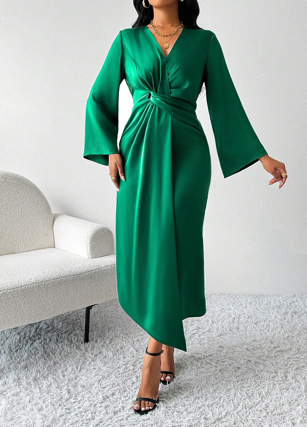 Зелена святковий, вечірня, кежуал сукня на запах SHEIN однотонна