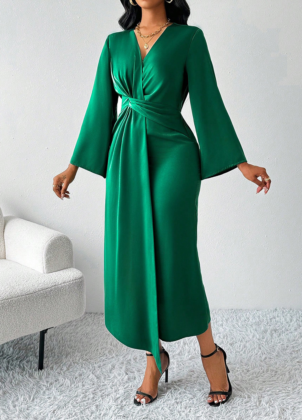 Зелена святковий, вечірня, кежуал сукня на запах SHEIN однотонна