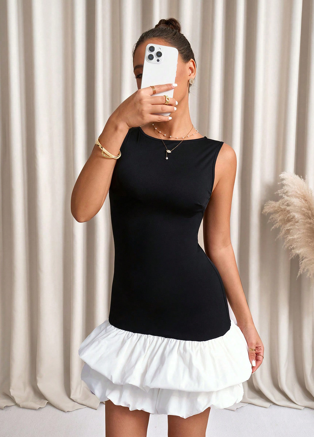 Черно-белое праздничный, коктейльное, кэжуал платье баллон SHEIN колор блок