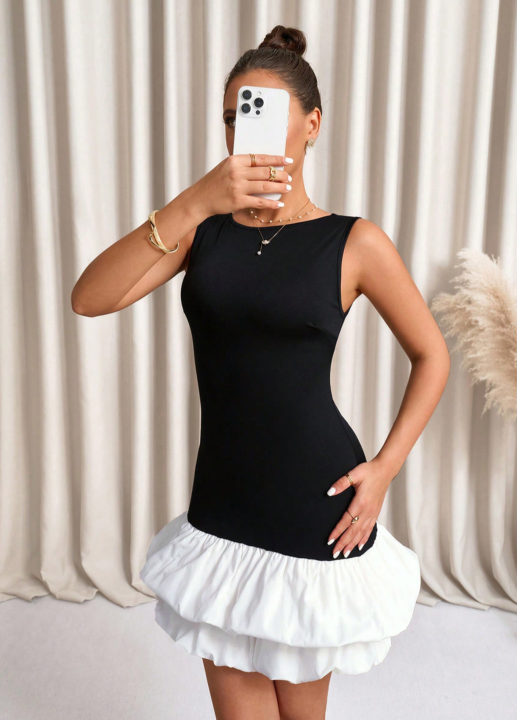 Черно-белое праздничный, коктейльное, кэжуал платье баллон SHEIN колор блок